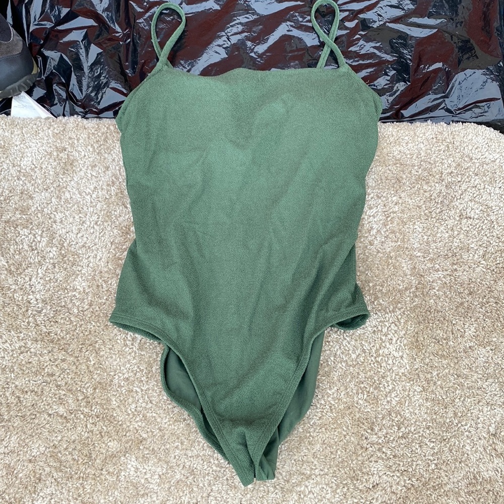 Kona Sol Olive Green One Piece Swimsuit Textured Scoop Neck Classic Fit SIZE XL